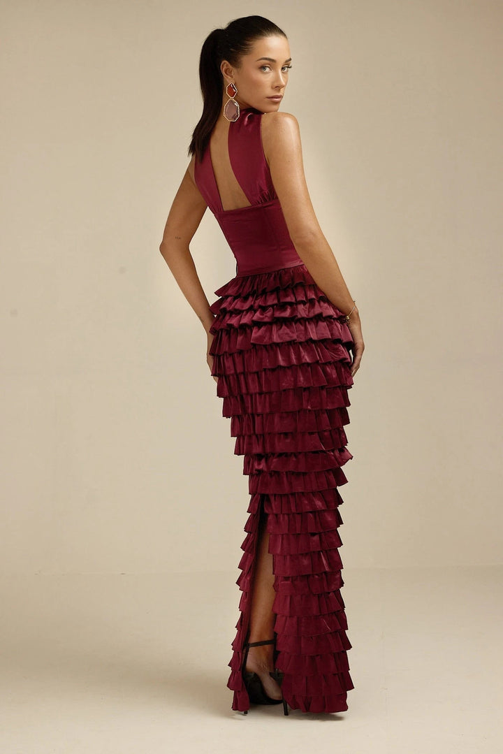Lorrie- Sleeveless Ruffled Maxi Dress Burgundy Fabslay