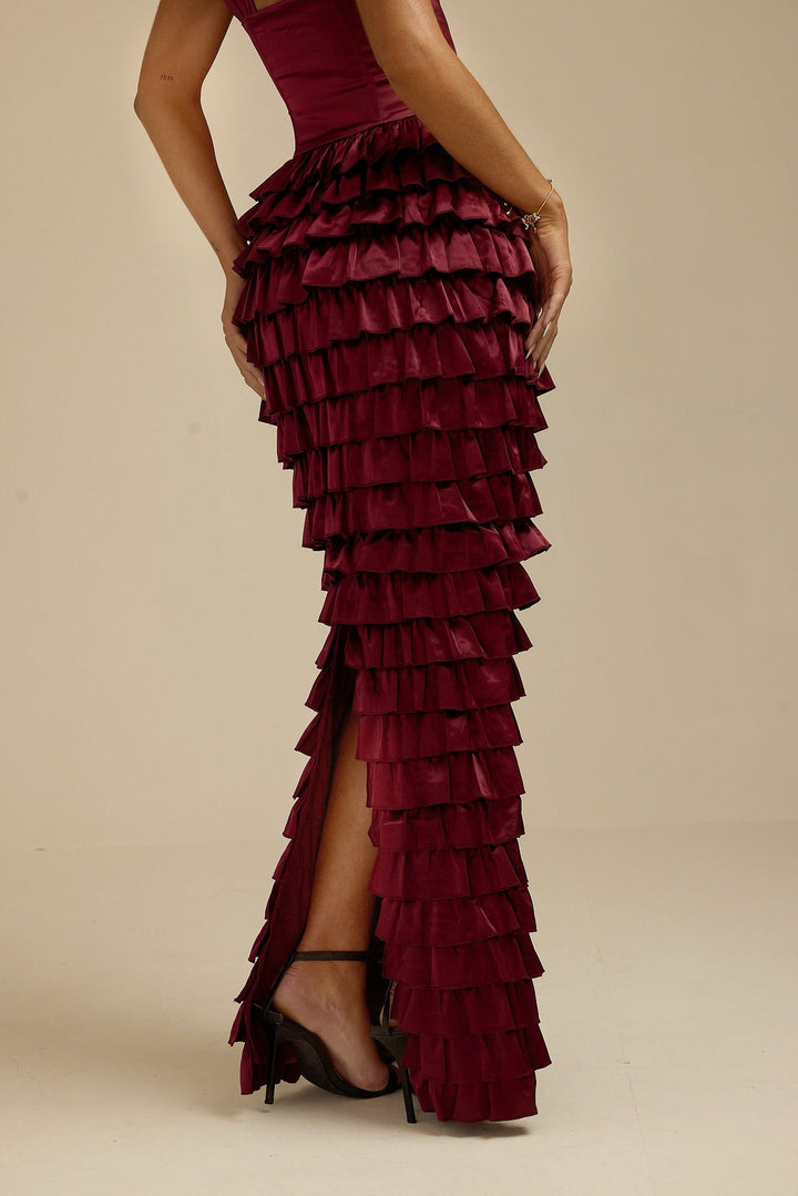 Lorrie- Sleeveless Ruffled Maxi Dress Burgundy Fabslay
