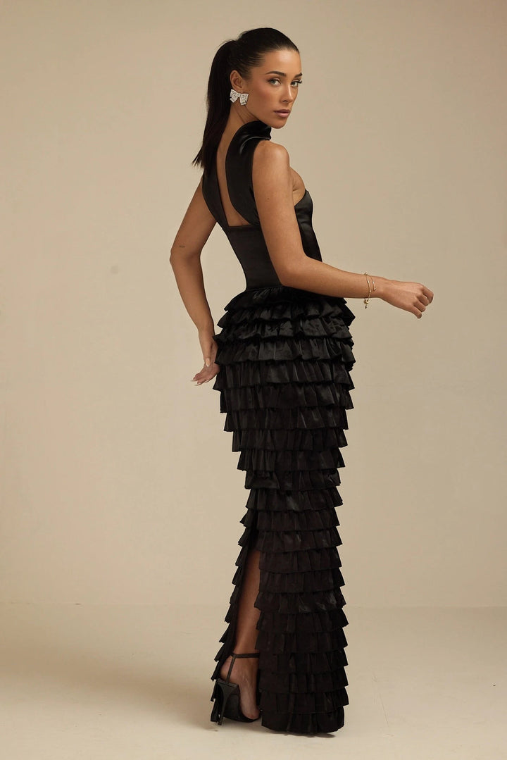 Lorrie- Sleeveless Ruffled Maxi Dress Black Fabslay