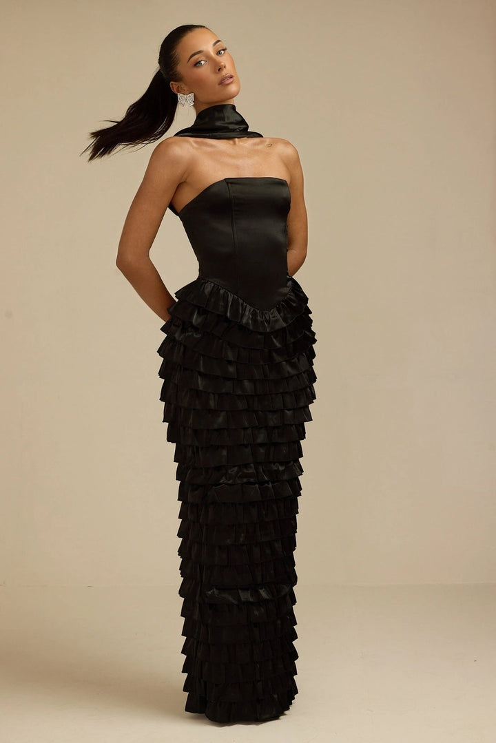 Lorrie- Sleeveless Ruffled Maxi Dress Black Fabslay
