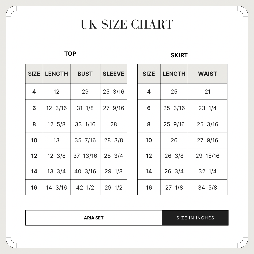 ARIA SET size chart