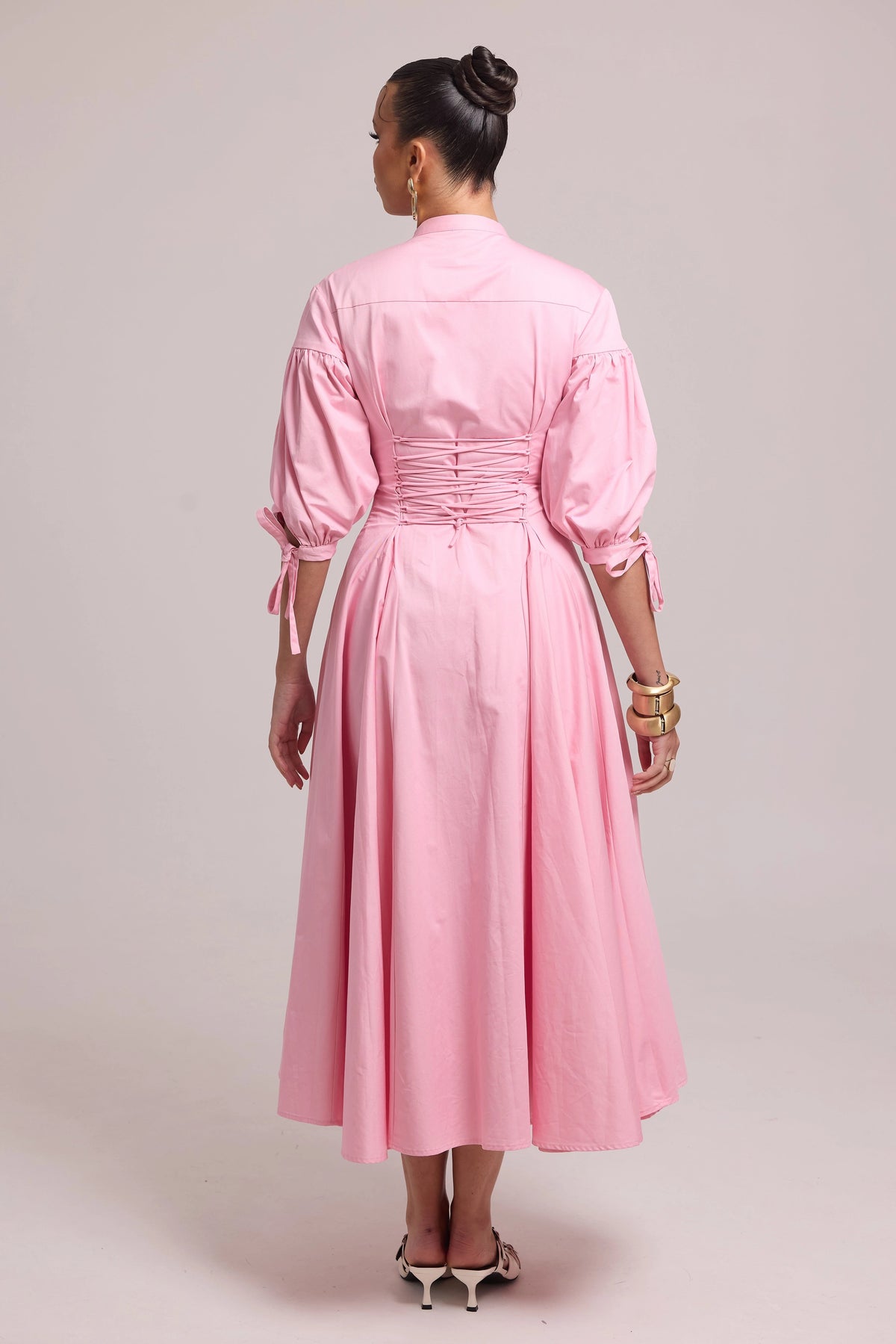 structured shirt dress with full skirt and adjustable lace-up back
