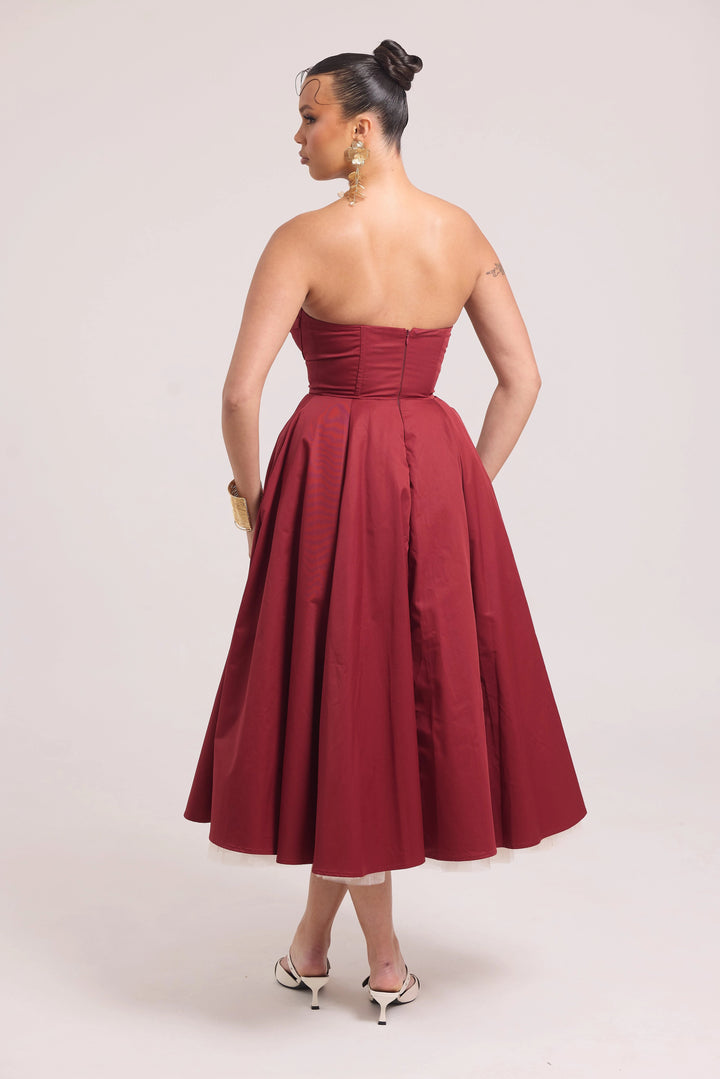 Strapless midi burgundy ball dress