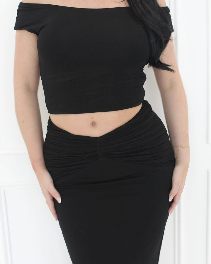 Close-up of the Elara Maxi Skirt's ruched front and soft, buttery fabric