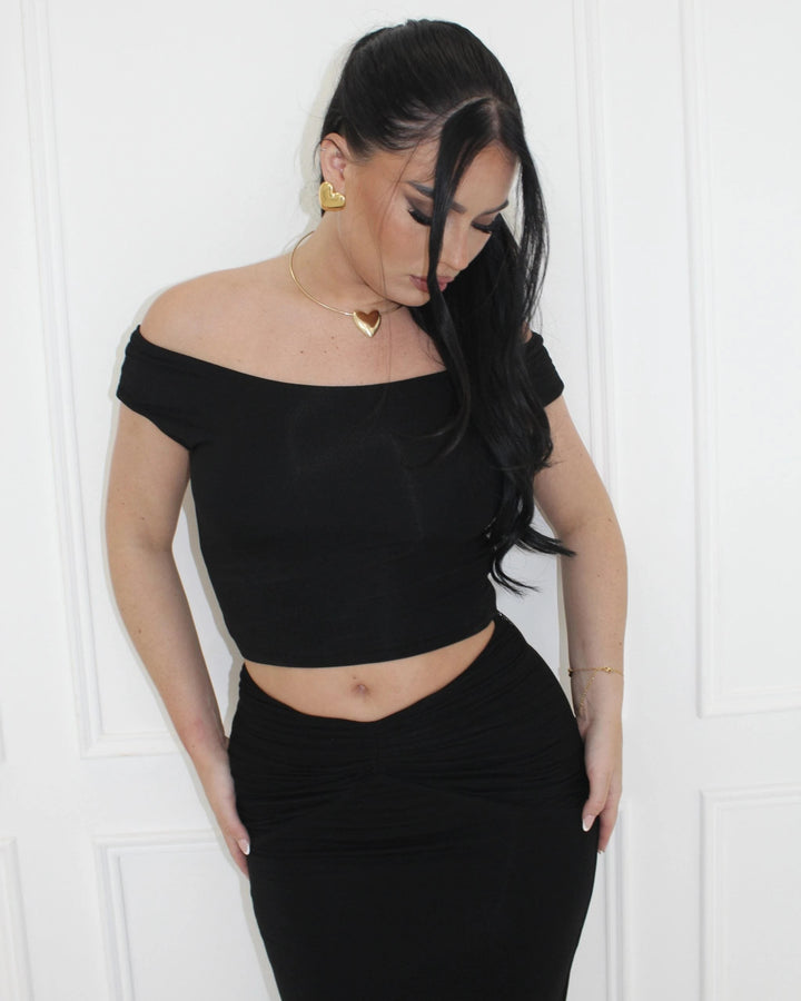 Black maxi skirt and off shoulder top