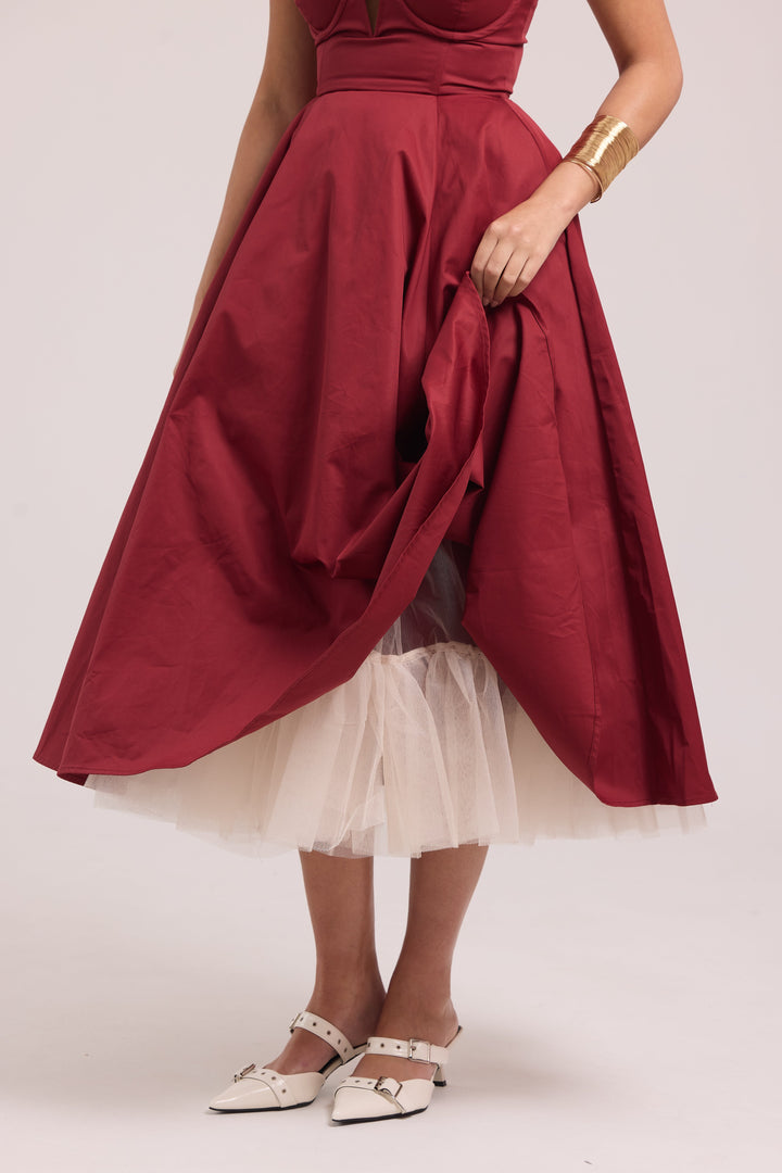 detailed tulle view of burgundy midi dress