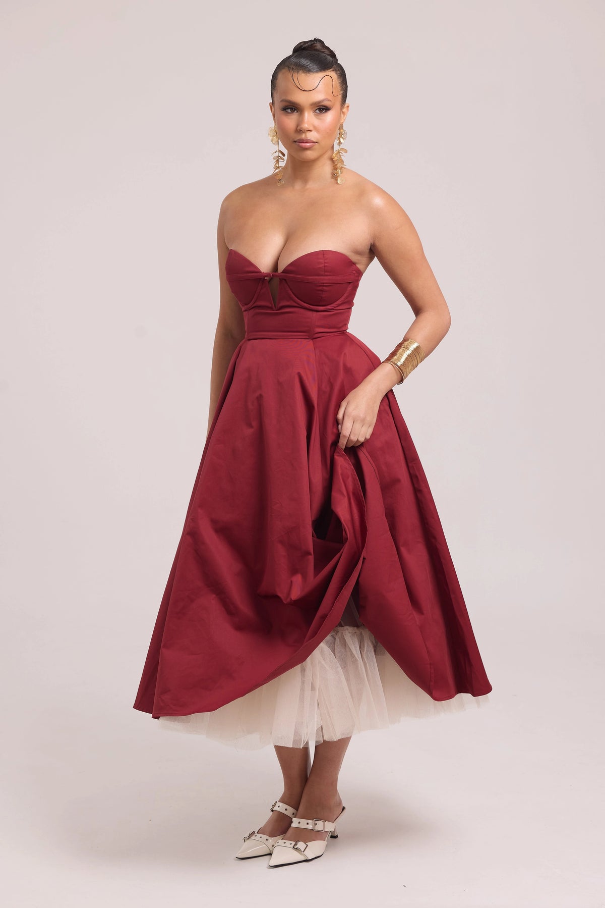 full view of burgundy midi ball dress 