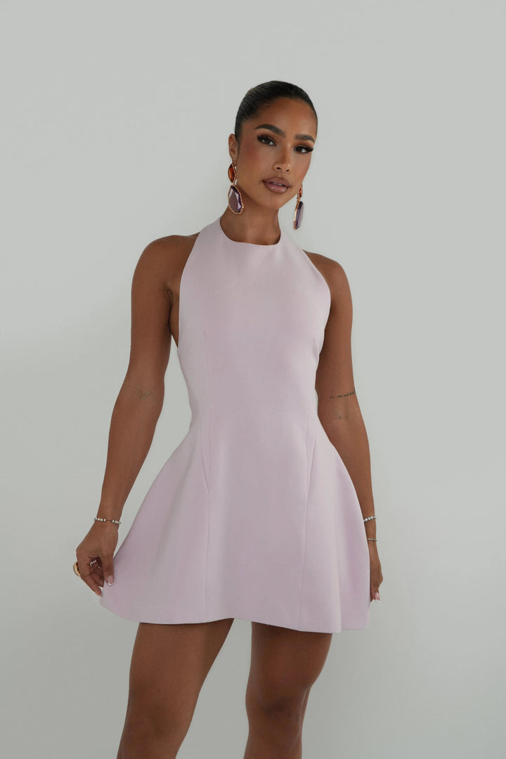 Luna - Halter Neck Back Criss-Cross Mini Dress Pale Pink Fabslay