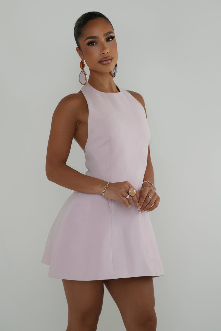 Luna - Halter Neck Back Criss-Cross Mini Dress Pale Pink Fabslay