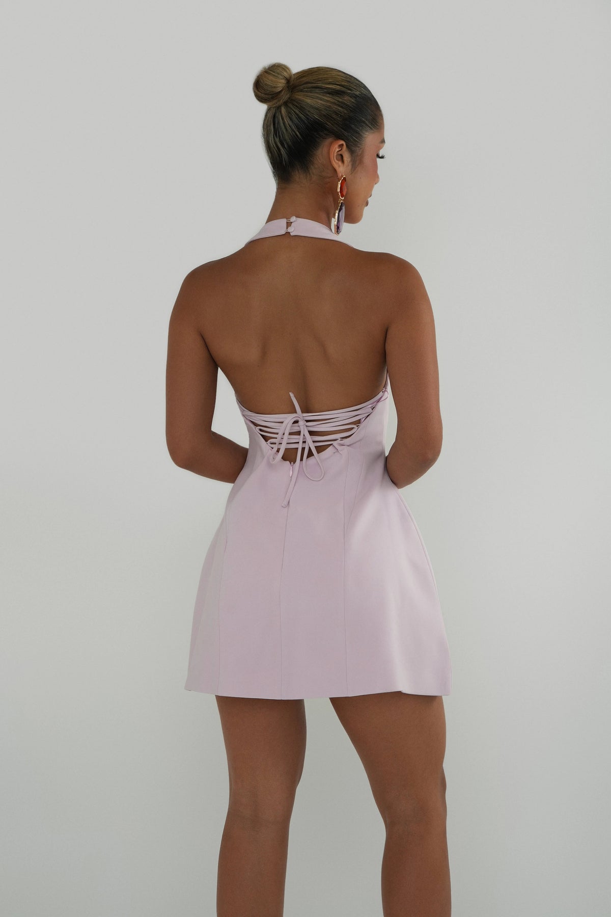 Luna - Halter Neck Back Criss-Cross Mini Dress Pale Pink Fabslay