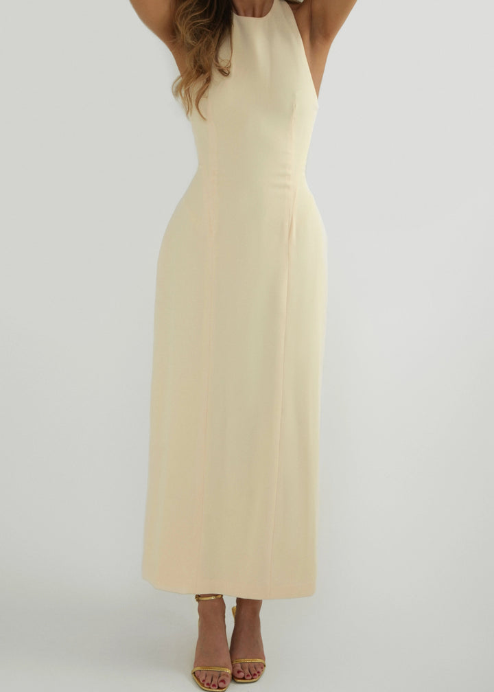 Luna Maxi - Halter Neck Back Criss-Cross Maxi Dress Yellow Fabslay