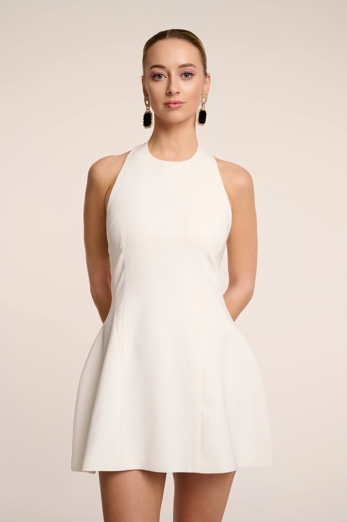 Luna - Halter Neck Back Criss-Cross Mini Dress White Fabslay