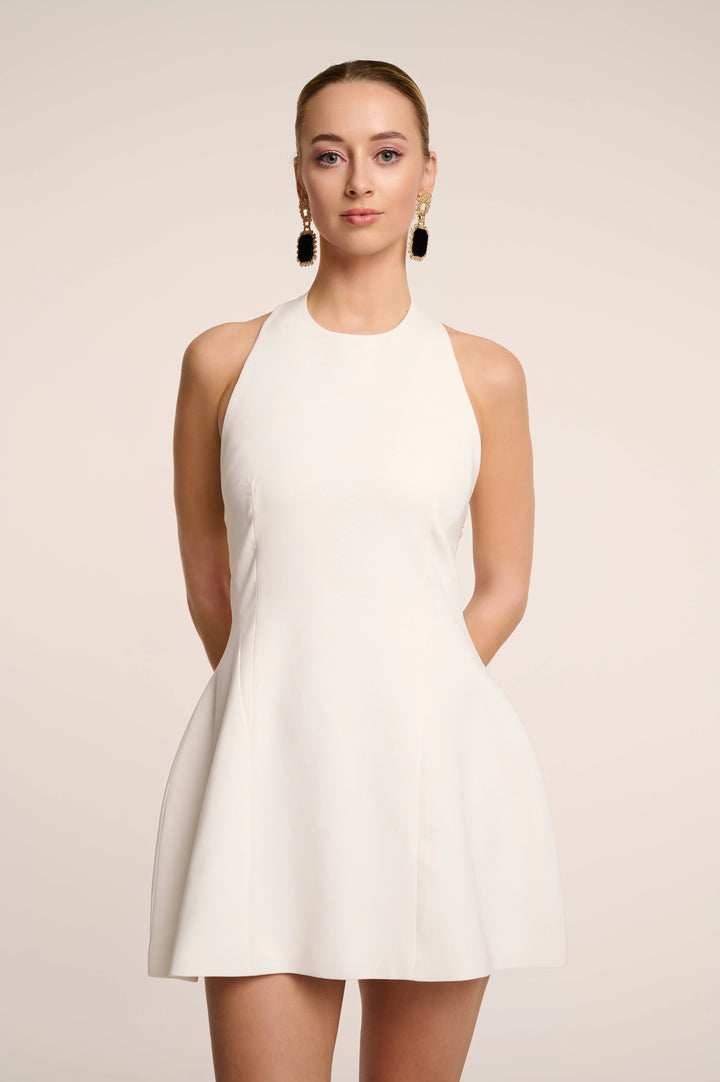 Luna - Halter Neck Back Criss-Cross Mini Dress White Fabslay