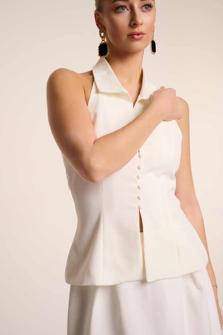 Dolce - Half Button Collar Top White Fabslay