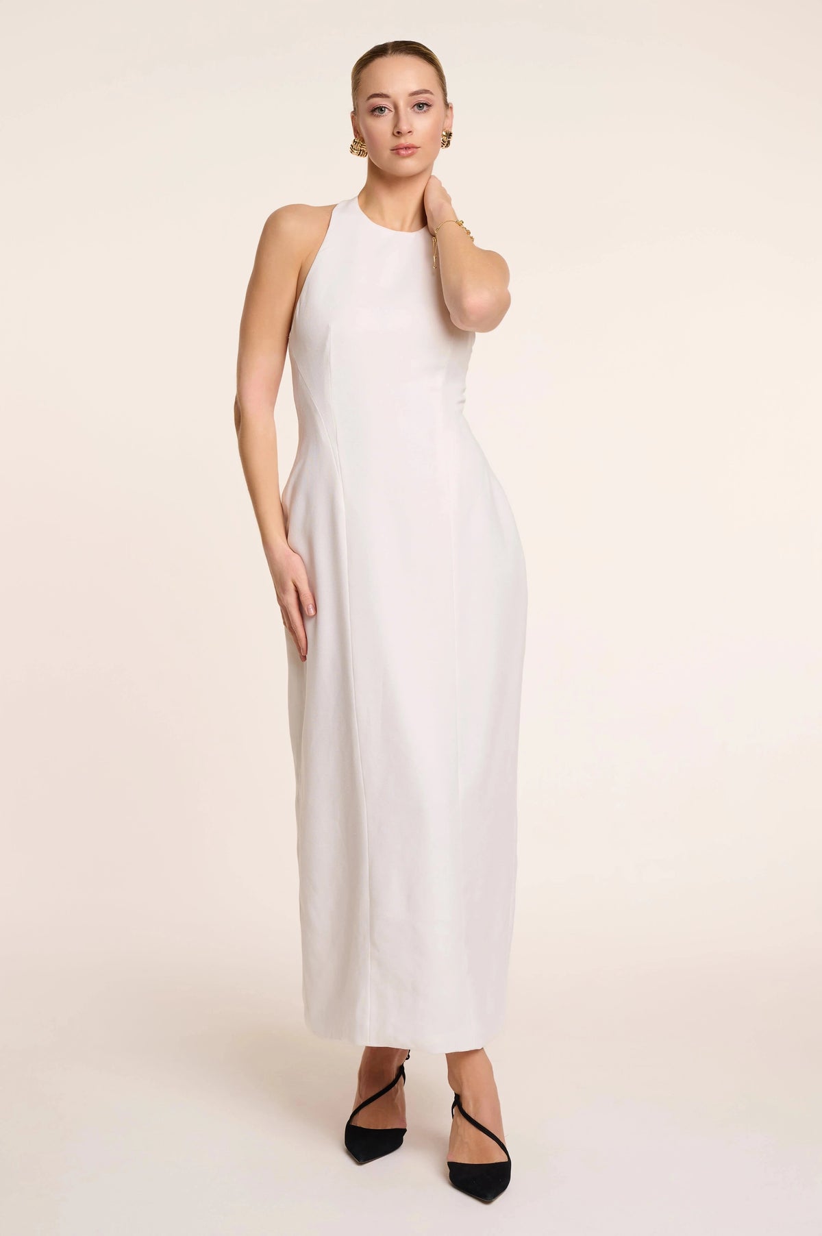Luna Maxi - Halter Neck Back Criss-Cross Maxi Dress White Fabslay