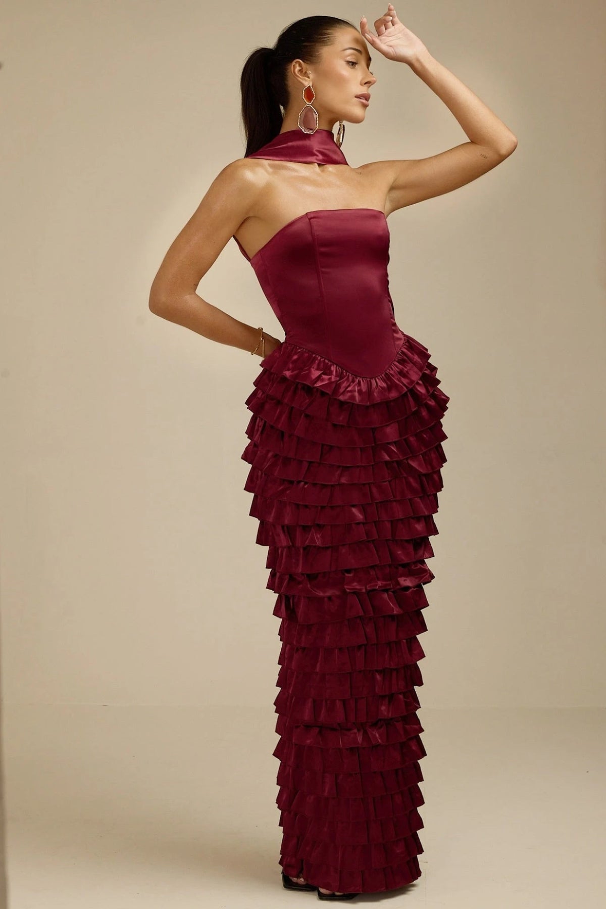 Lorrie- Sleeveless Ruffled Maxi Dress Burgundy Fabslay
