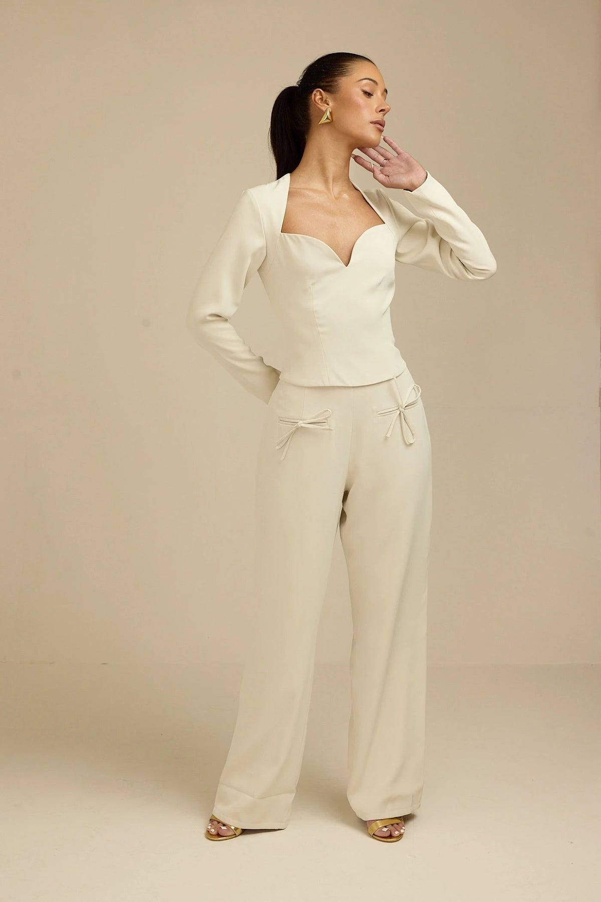 Aurora Pant - Tall Oversized Bow Detail Pant Light Beige Fabslay
