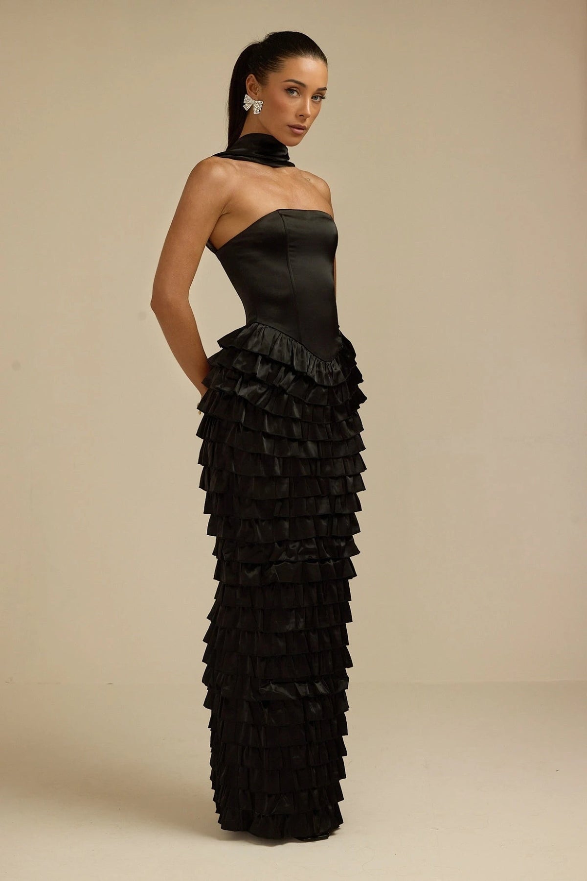 Lorrie- Sleeveless Ruffled Maxi Dress Black Fabslay