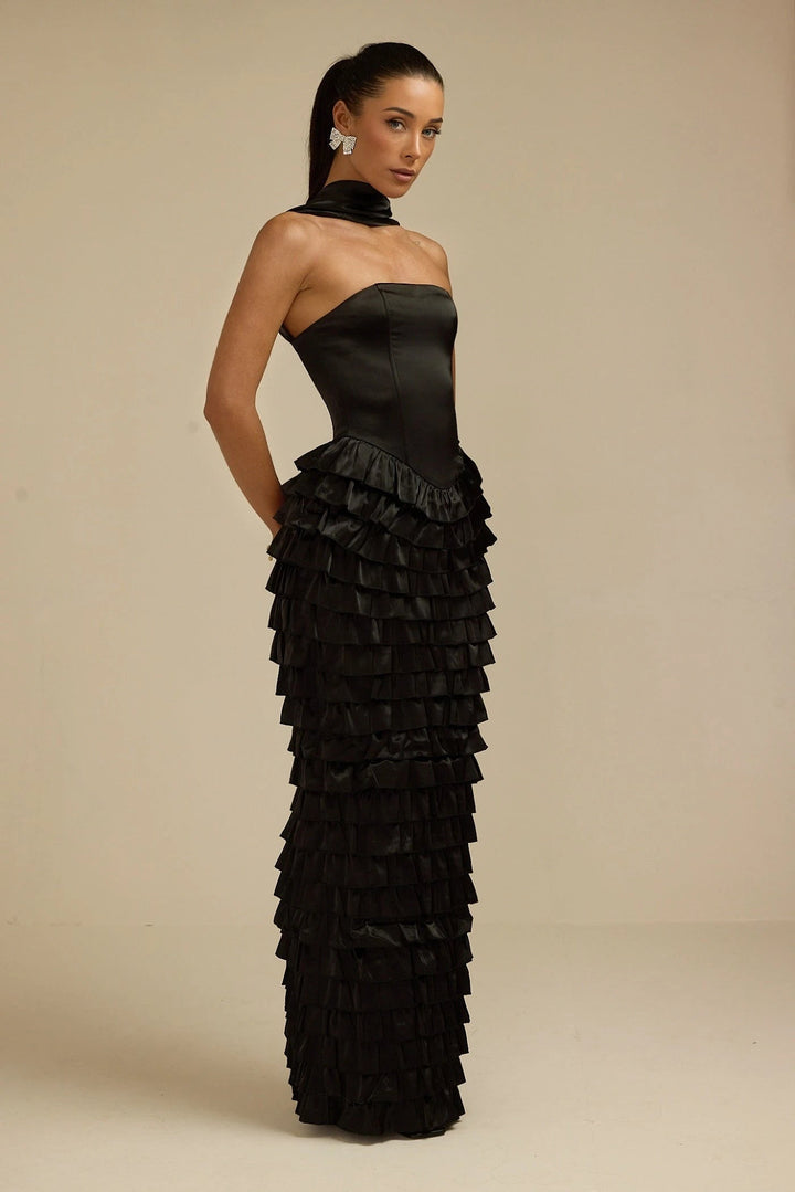 Lorrie- Sleeveless Ruffled Maxi Dress Black Fabslay