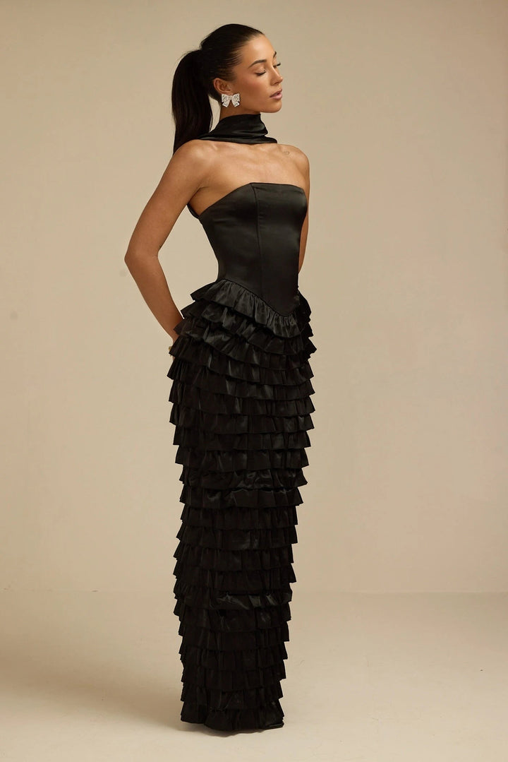 Lorrie- Sleeveless Ruffled Maxi Dress Black Fabslay