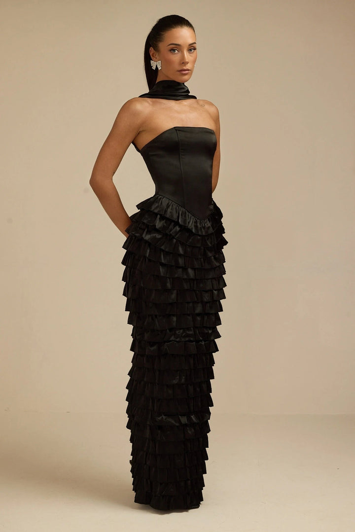 Lorrie- Sleeveless Ruffled Maxi Dress Black Fabslay