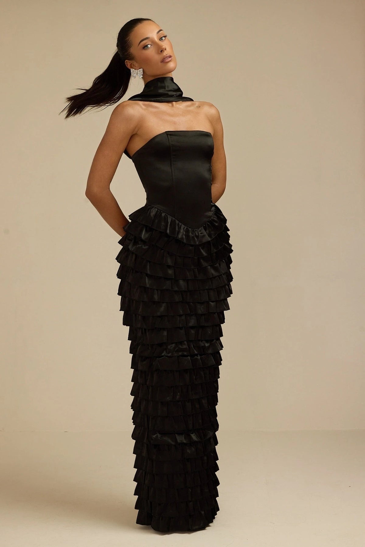 Lorrie- Sleeveless Ruffled Maxi Dress Black Fabslay