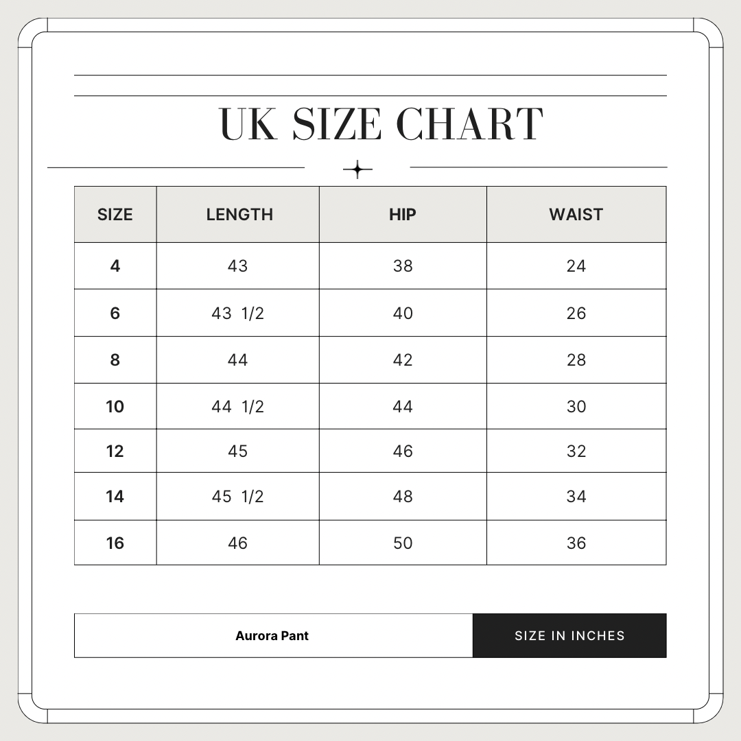 AURORA PANT size chart